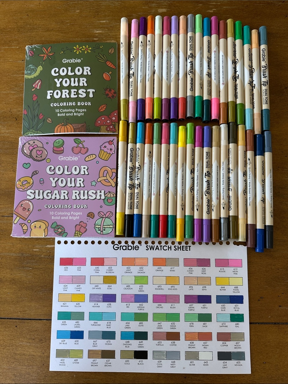 Grabie Dual Tone Brush Tip Marker Set with Color Swatch & Coloring Books 36/72